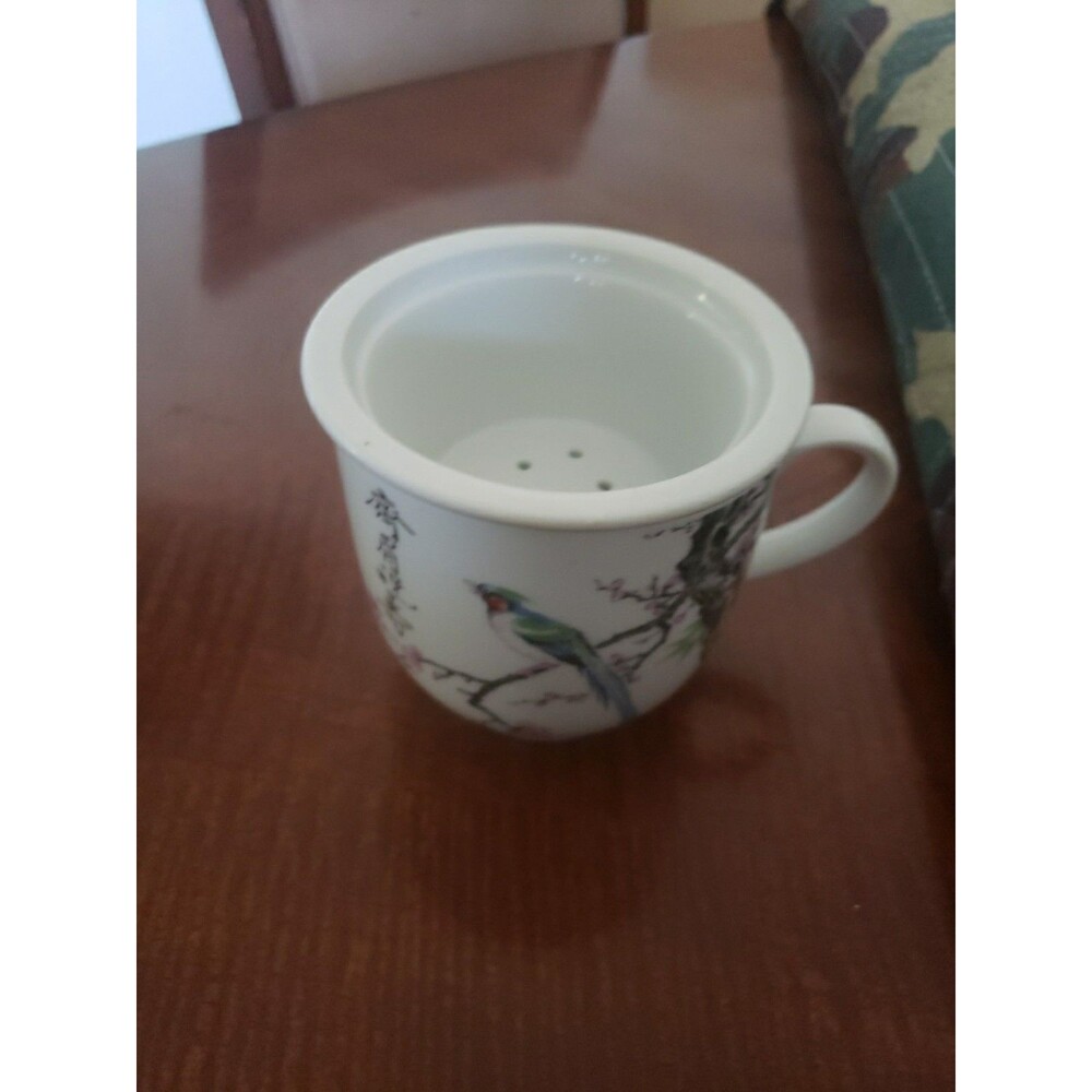 Vintage Chinese Porcelain Tea Mug with Infuser and Bird Blossom Design